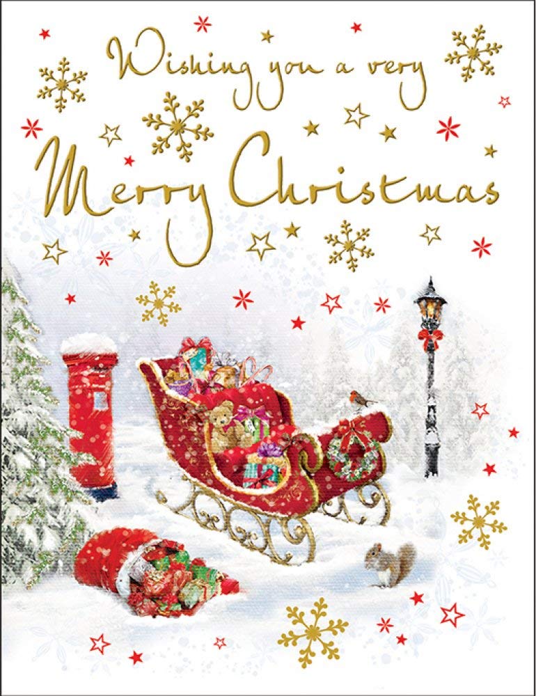Wishing You A Very Merry Christmas. Sleigh and Snow Picture. Traditional Card