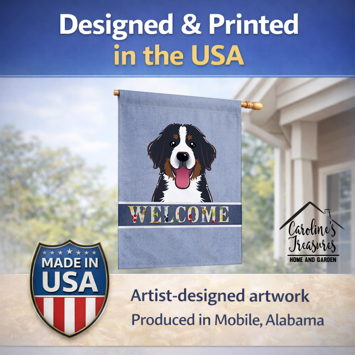 Caroline's Treasures BB1423CHF Bernese Mountain Dog Welcome House Flag, Blue Large Porch Sleeve Pole Decorative Outside Yard Banner Artwork Wall Hanging, Polyester, House Size, Multicolor