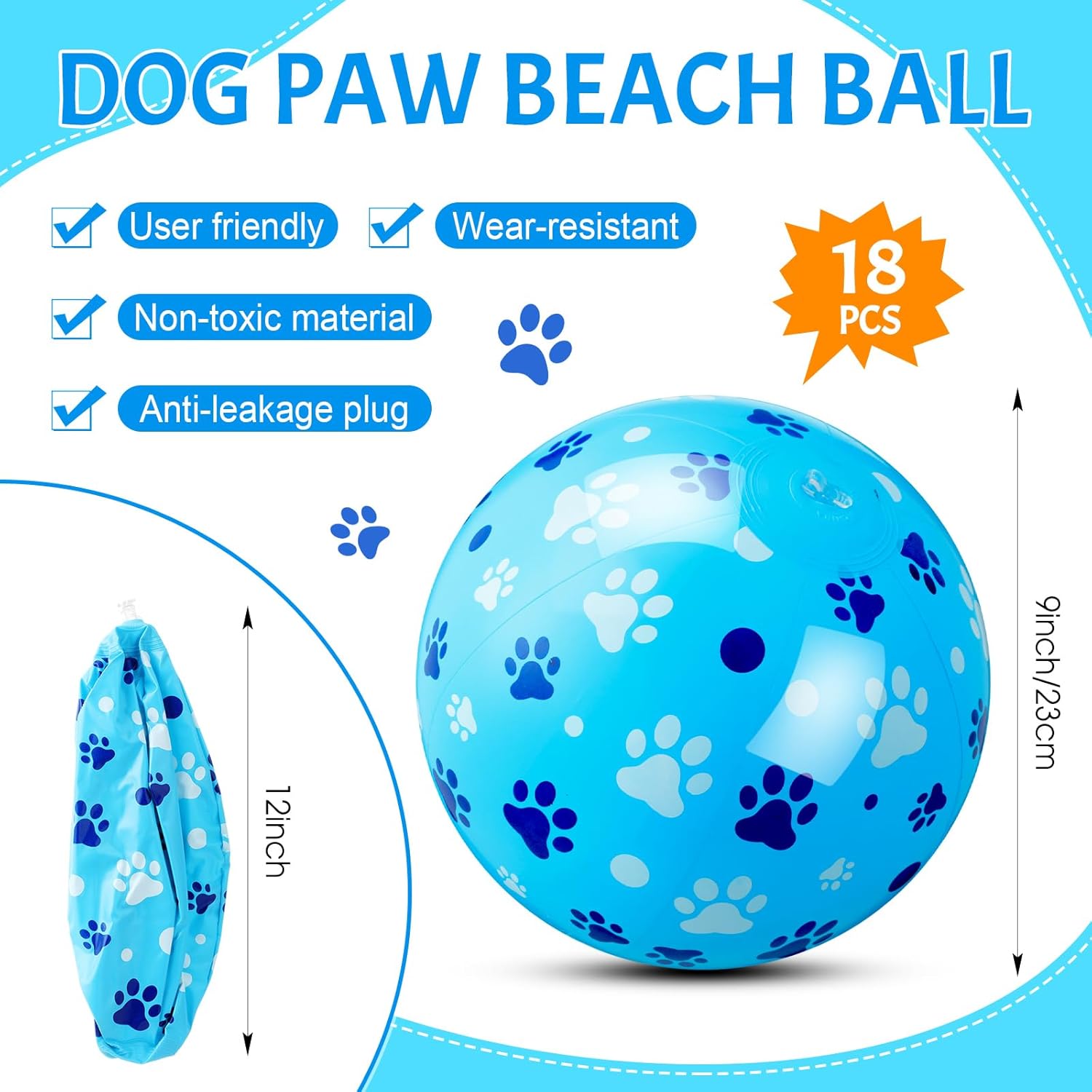 18 Pack Paw Print Beach Balls 9 Inch Blue Dog Paw Inflatable Beach Balls Bulk for Kids Adults Puppy Theme Birthday Party Favor Class Gifts Summer Outdoor Swimming Pool Decorations Supplies