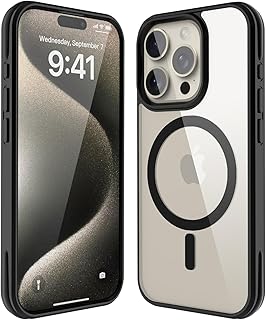 جراب موبايل بمغناطيس قوي ليتوافق مع شاحن ماج سيف حماية من الدرجة العسكرية ضد الصدمات، جراب موبايل رفيع للغاية ماج سيف متوافق مع موبايل آيفون 15 بروماكس 6.7 بوصة من اسوكين، أسود شفاف