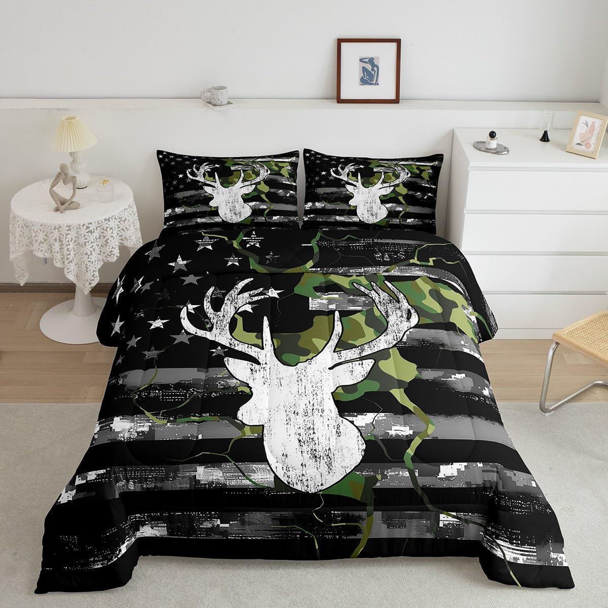 Feelyou Deer Camo Comforter Set Twin Size, Kids Antlers Hunting Comforter Green, Camouflage American Flag Bedding Set Western Farmhouse Duvet Set Room Decorations Quilt Set