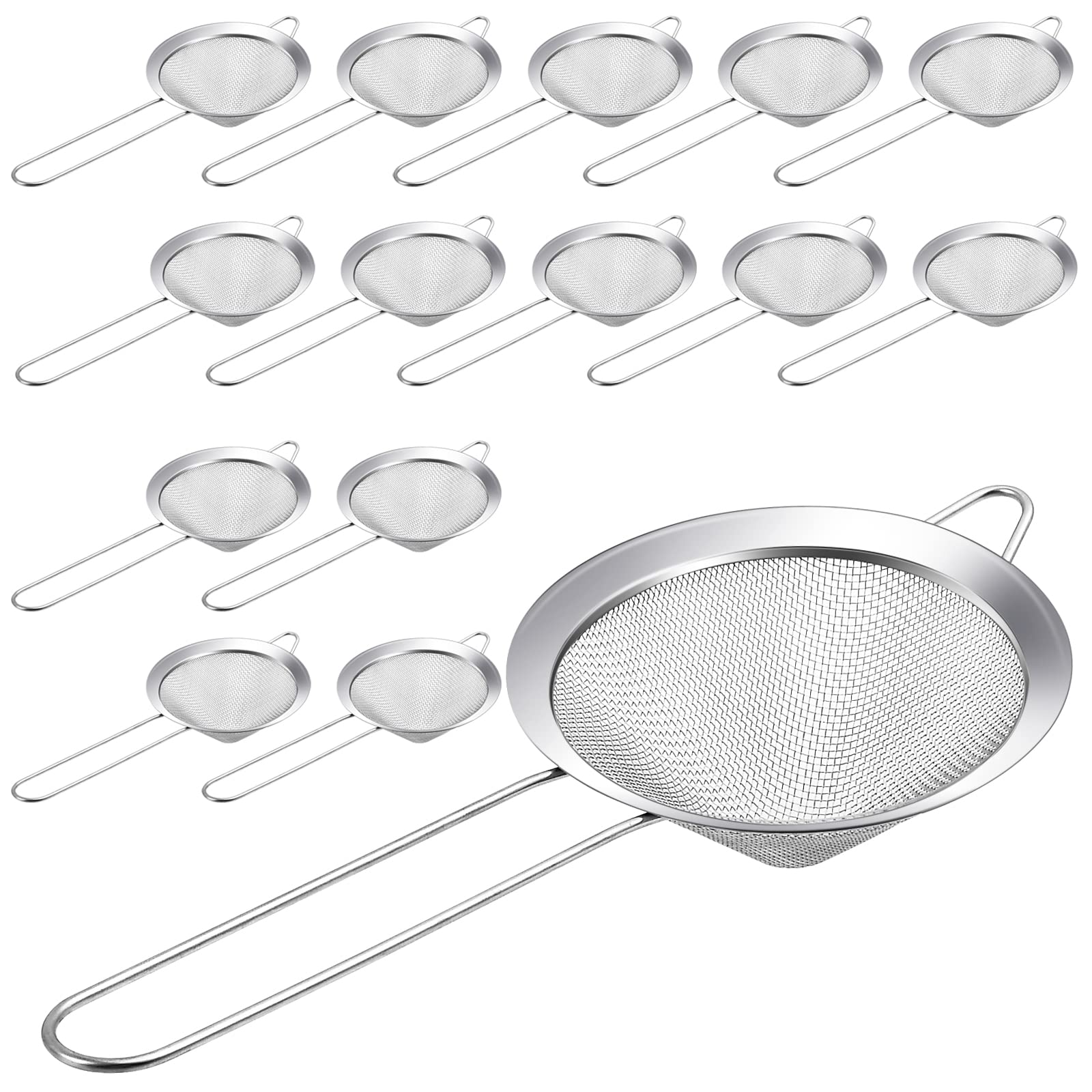 15-Piece Stainless Steel Mini Strainers, Fine Mesh, 4-Inch, Reusable, for Coffee, Tea, Cocktails, Juice, Sugar, Spices