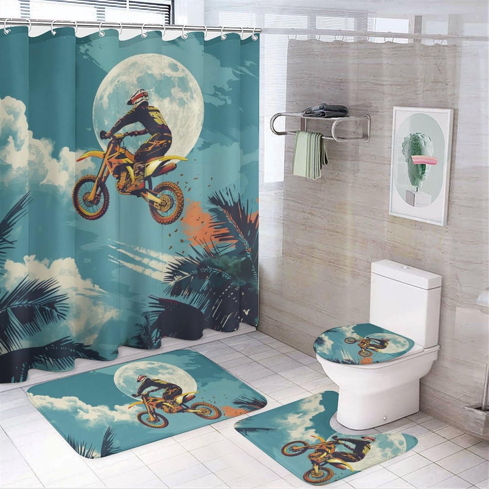 HDESDIS 4Pcs Motorcycle Extreme Sports Shower Curtain Sets with Rugs, Toilet Lid Cover and Bath Mat, Fantasy Star Sky Dirt Bike Bathroom Shower
