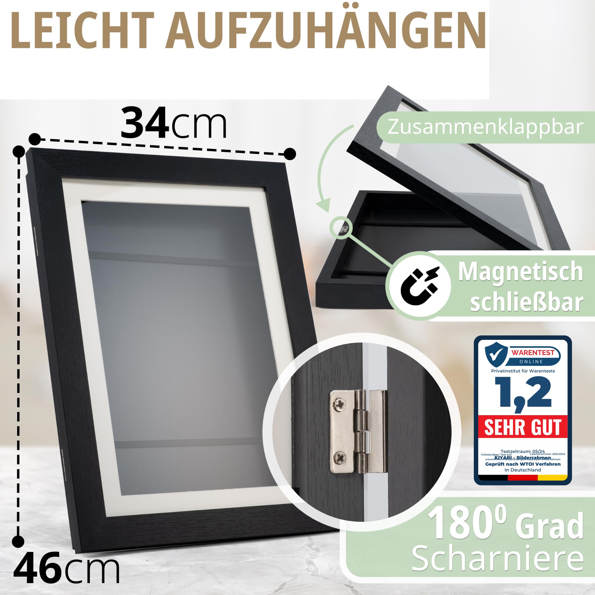KIYARI Bilderrahmen Kinderzeichnungen A3 Schwarz, Aufklappbar & Frontöffnung, für bis zu 150 Zeichnungen, Robustes Holz & bruchsicheres Glas, Ideal für Kunstprojekte, Kinderzimmer & Schule