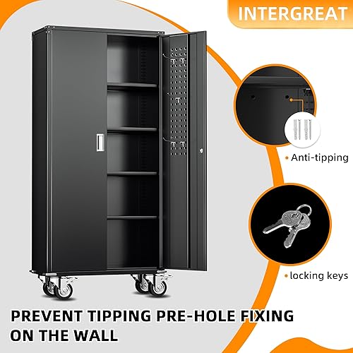 Vista 131 de INTERGREAT Armario de almacenamiento de metal, armarios de acero con cerradura de 72 pulgadas de alto con puertas de bloqueo, armario de Gris blanco