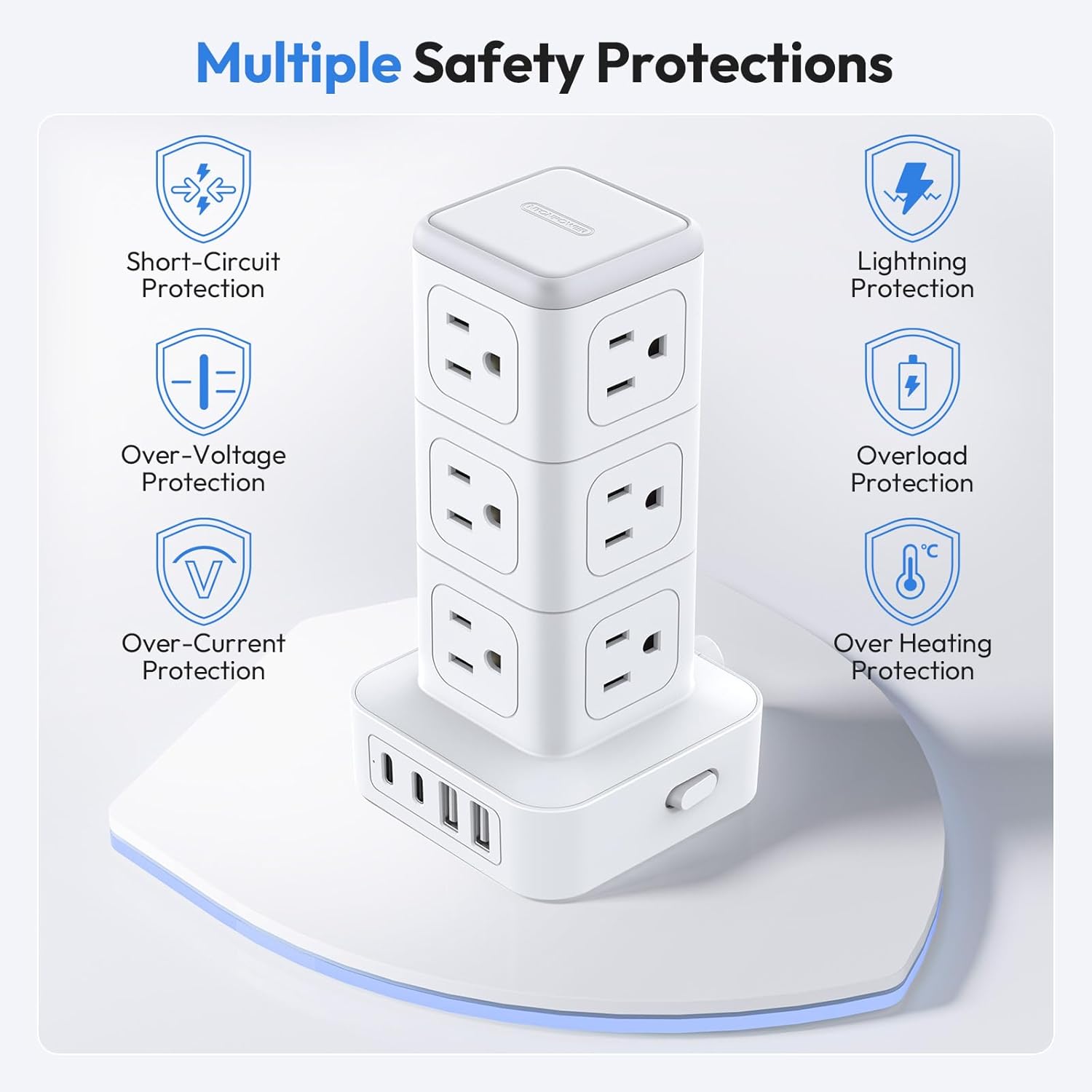 NTONPOWER 1080J Surge Protector Power Strip Tower, 10 Ft Extension Cord Flat Plug, 12 AC Outlets and 4 USB (2 USB C), 1625W 13A Overload Protection, Tower Surge Protector for Home Office Dorm Room