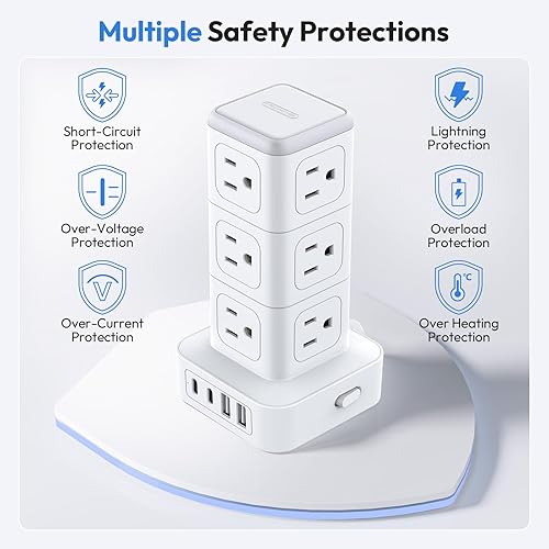 Miniatura 7 de NTONPOWER Torre de regleta de alimentación con protector de sobretensiones, torre de protección de sobretensiones 1080J, 12 salidas de CA, 4 puertos