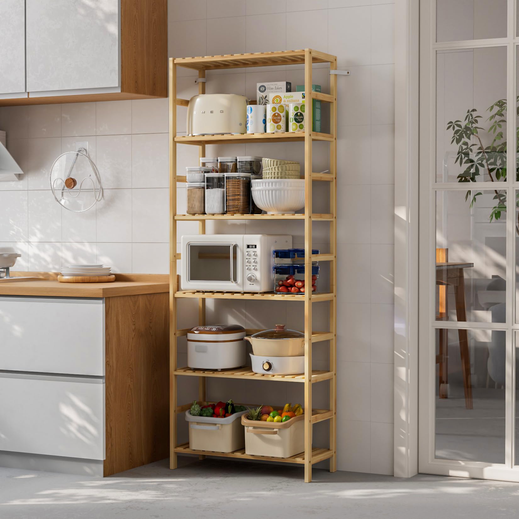unho Estantería de Almacenamiento de Bambú con 6 Niveles: 60x26x161cm Unidad de Almacenamiento con Estantes Regulables en Altura Estante Vertical para Dormitorio Cocina Oficina Estudio