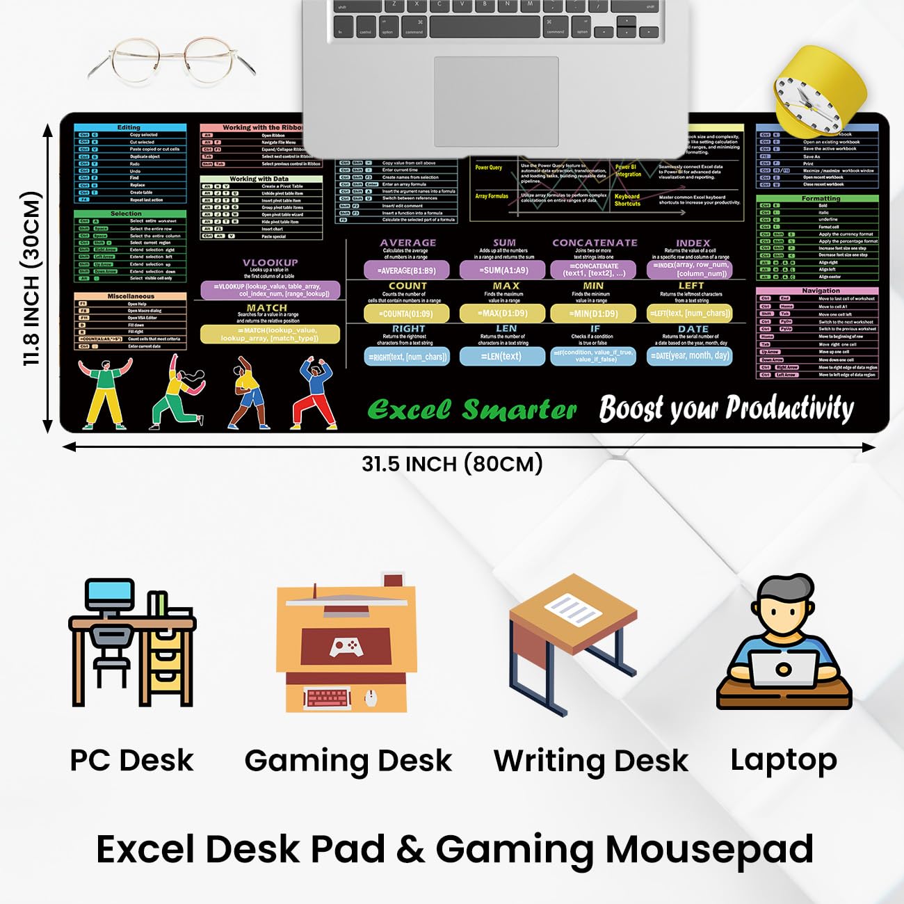 Excel - Alfombrilla de escritorio XL para teclado de oficina, alfombrilla de mouse con bordes cosidos antideslizantes, alfombrilla de escritorio grande extendida para juegos, regalo ideal de