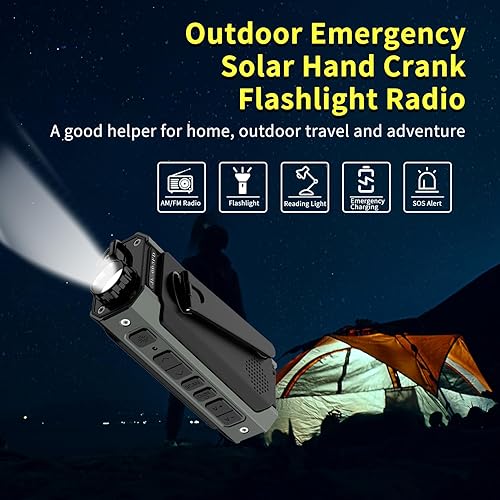 Miniatura 8 de Radio meteorológica NOAAAMFM con linterna, radio solar de manivela, carga USB tipo C, cargador de teléfono celular, alarma SOS, brújula para