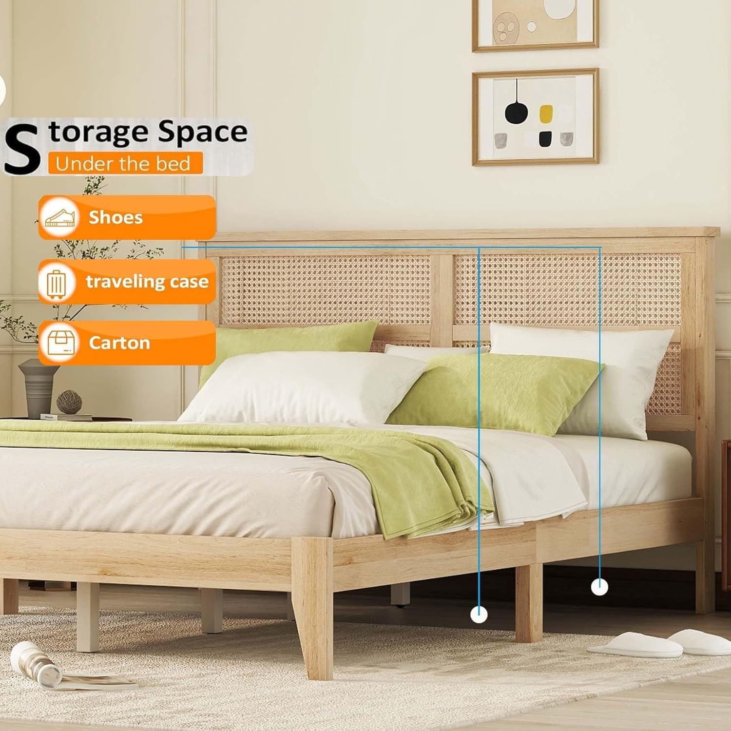 Queen Size Rattan Bed Frame with Storage, White Oak