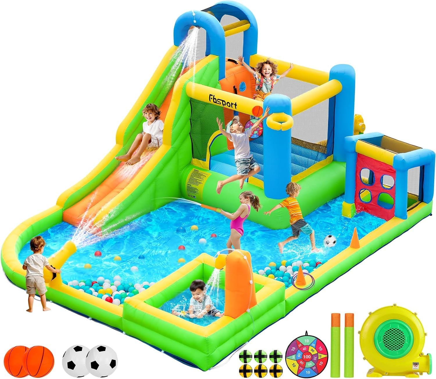 FBSPORT Castello Gonfiabile con Ventilatore con Scivolo Trampolino Piscina Parete da Arrampicata, Piscina di Palline oceaniche Parco Acquatico per Bambini