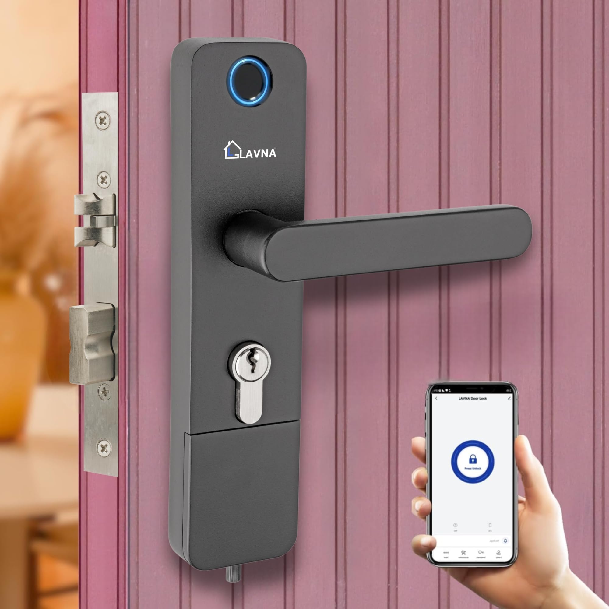 LAVNA Digital Door Lock | 3 Way Access | Fingerprint, Mobile app, Key Access | 2 Locking Bolts | Suitable for 30 mm to 45mm Wooden Door fit with Right N Left Door Side (LA14 Smart)