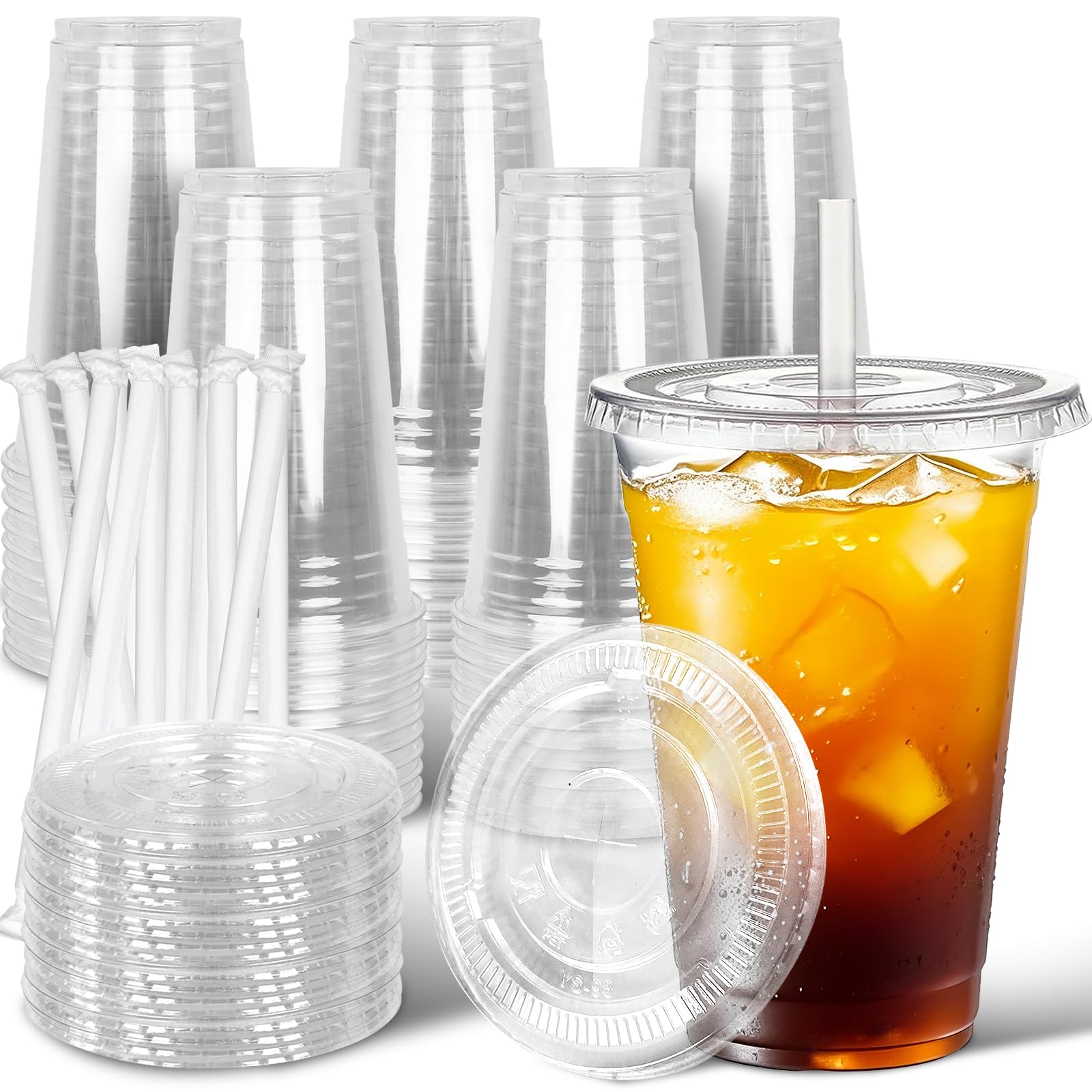 Ginkgo 50 Pack 24 oz Clear Plastic Cups with Lids and Straws