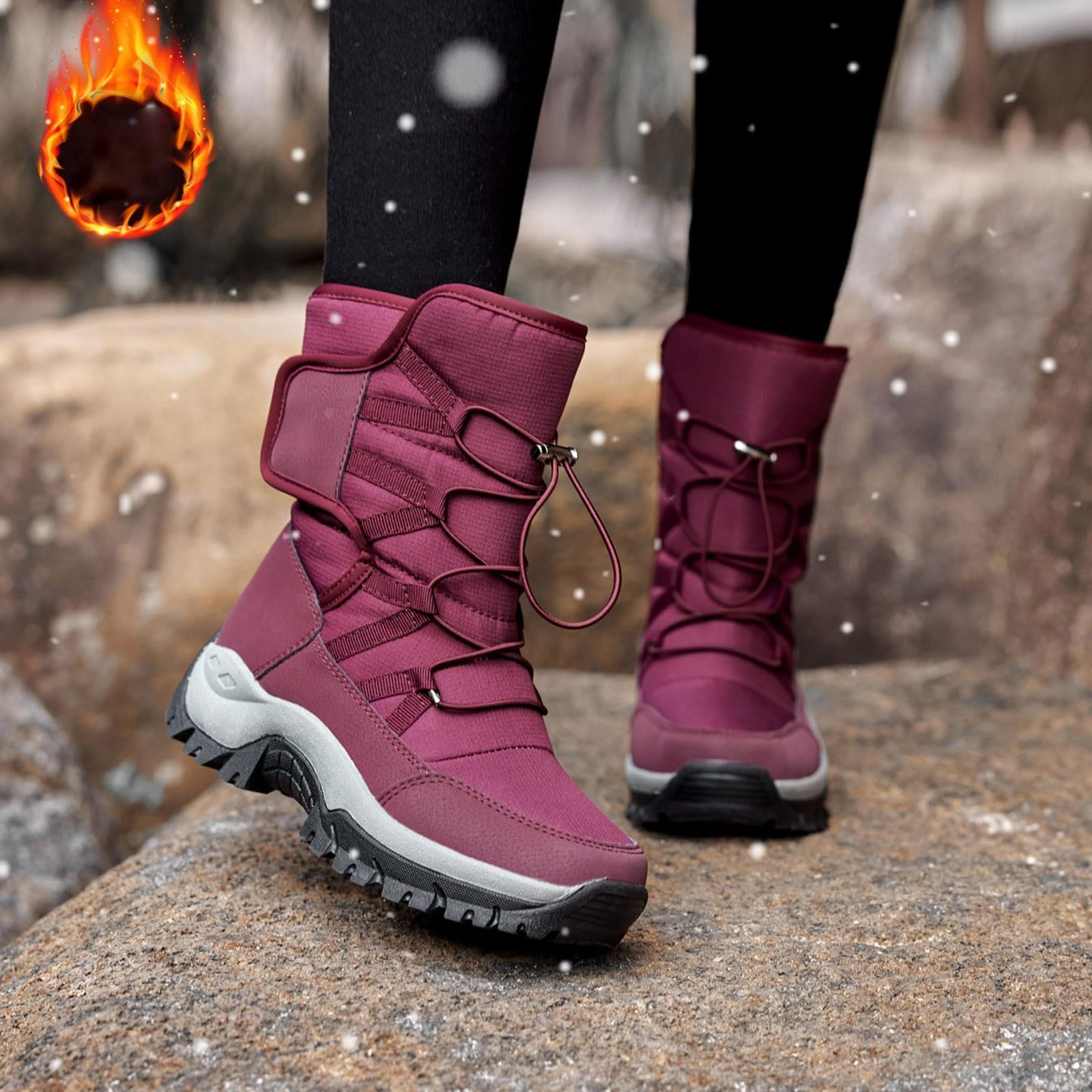Bottes de Neige Femme Mi-Mollet Antidérapantes Bottes Femme Hiver Chaudes Fourrées Botte de Neige Imperméable Snow Boots Fourrées de Ski Chaussures de Randonnée Confort Bottines Chaussure Hiver Plate