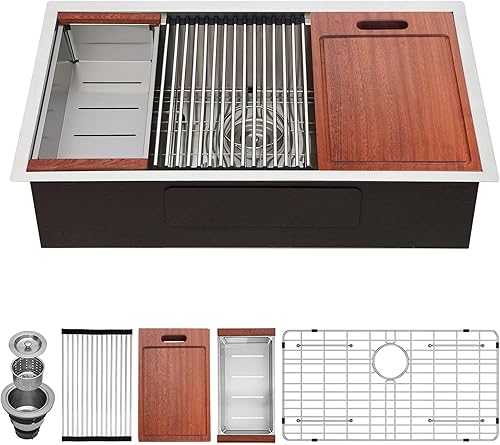Miniatura 2 de Fregadero de cocina moderno con estación de trabajo de calibre 18 de 30 pulgadas, fregadero de cocina R10 de acero inoxidable de radio ajustado con
