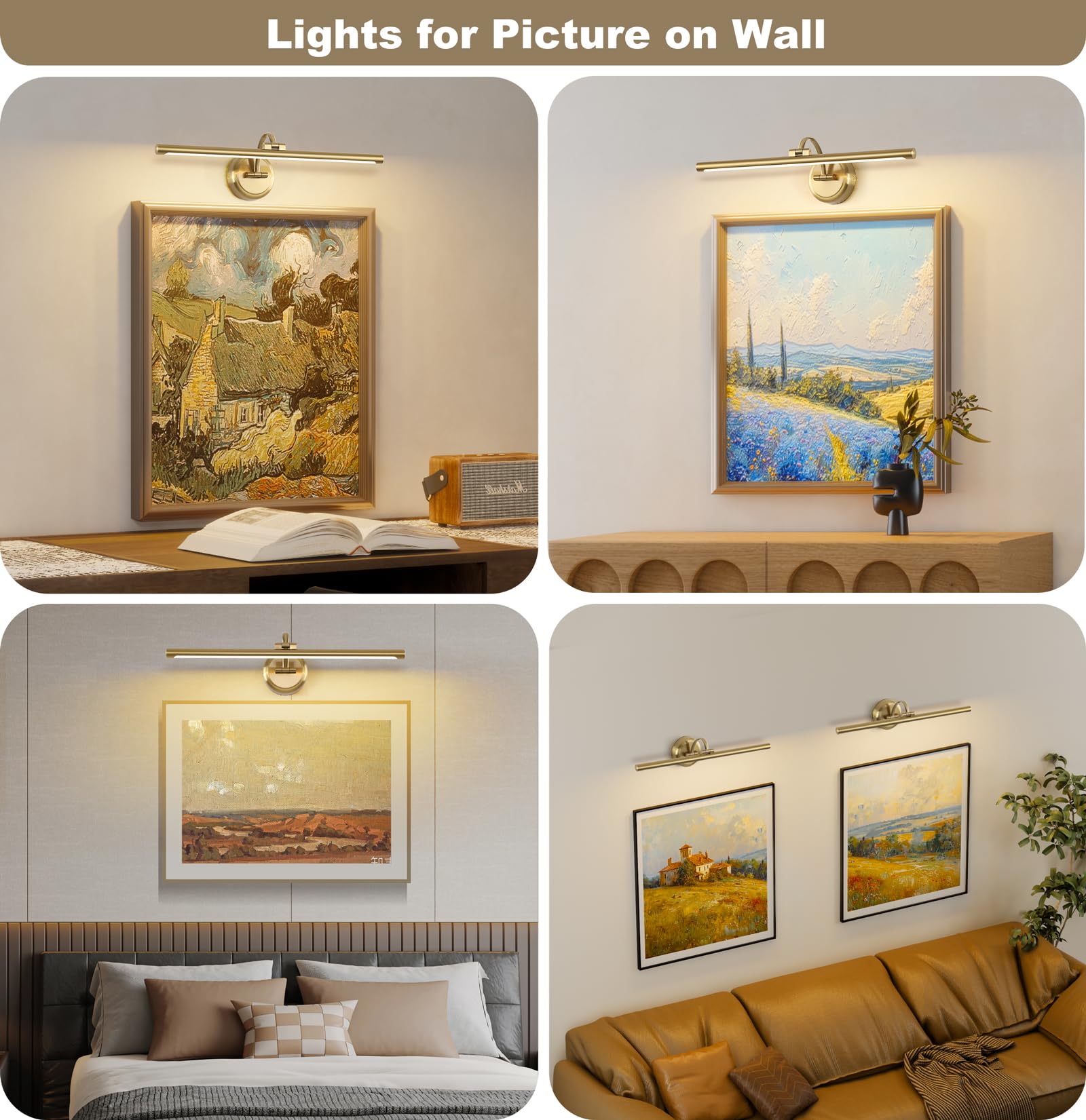 Hard-Wired Picture Lights 23.62 Inch Dimmable LED Wall Art Lighting Modern Brass Gallery Light Poster Lights Adjustable Swing Arm Picture Frame Light For Display Art Work, 14W, 2700K, Warm White