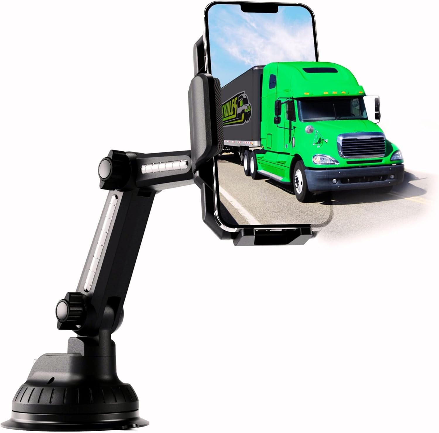 Truck Phone Holder Mount Heavy Duty Super Suction Cup Cell Phone Holder for Truck Dashboard Windshield, Compact 10.3 inch Arm, Stable, Compatible with iPhone & Samsung, Gray, Semi Truck