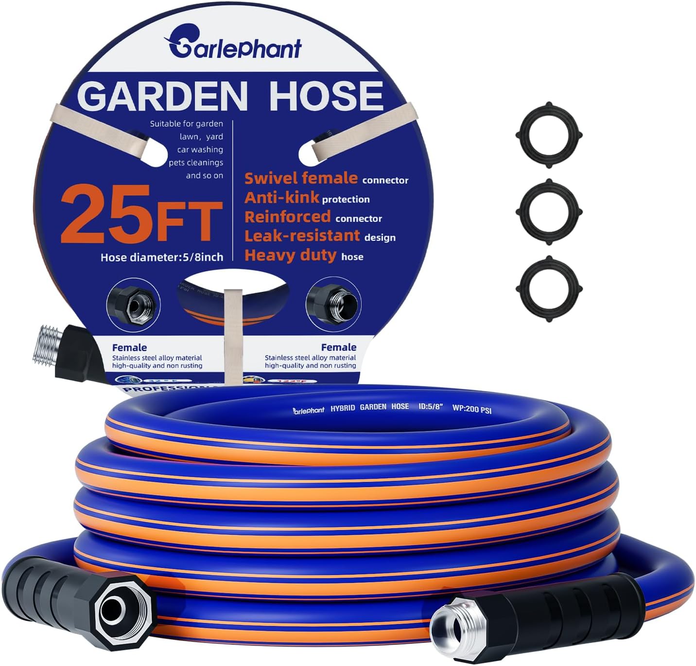 garden hose 25 ft x 5/8", Hybrid Rubber 25ft water hose, Durable, Anti-UV, Sturdy, No-Leakage, Lightweight, Flexible, Heavy Duty garden hoses with Swivel Handle