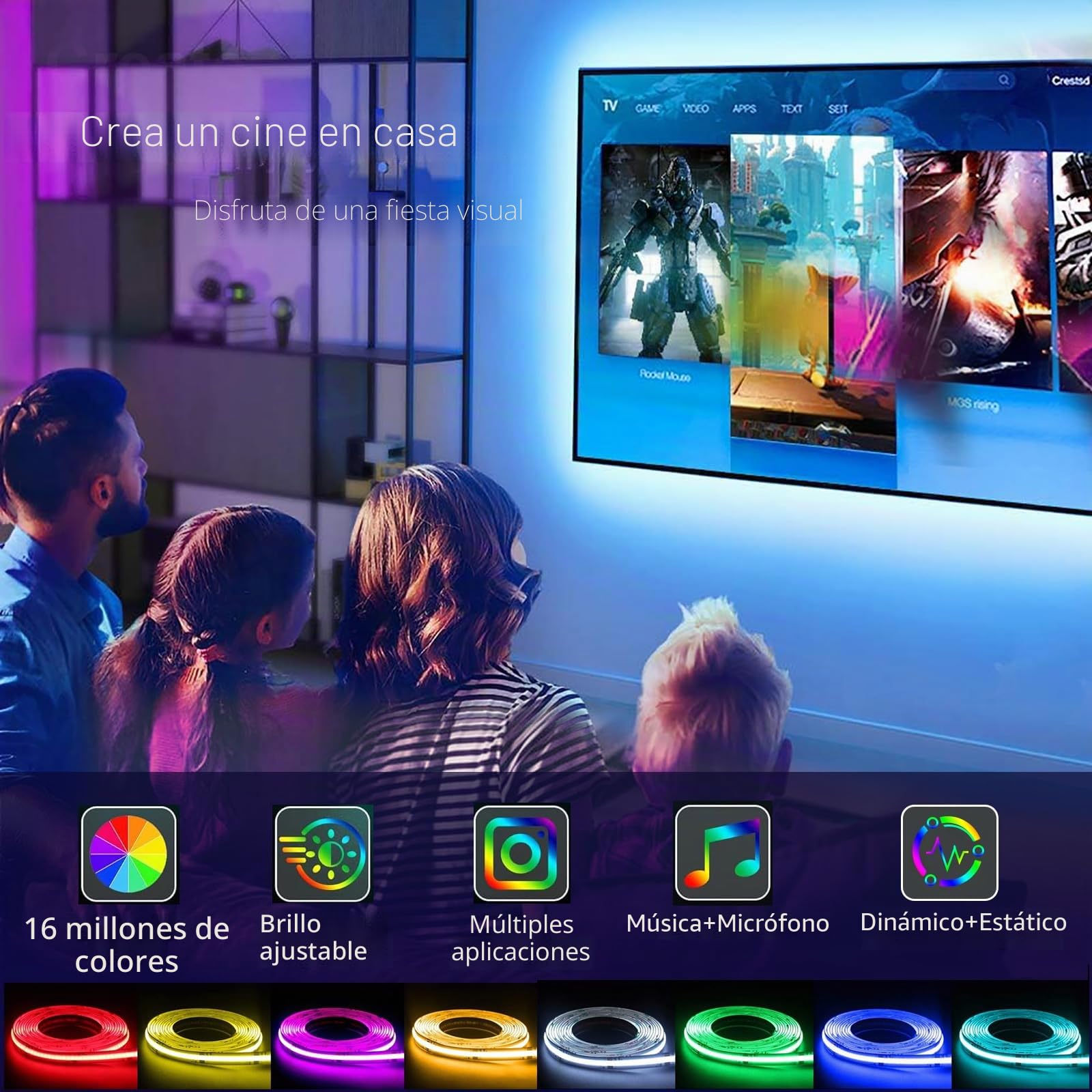 RGB Tira Led, Luces LED Habitacion COB 5m,24V 840LED/m Tiras LED de Interior Sincronización de Música,CRI 90+ Fancy Luces LED TV Kit Luz led Adhesiva Para Coche Cocina Fiesta Hogar Bar