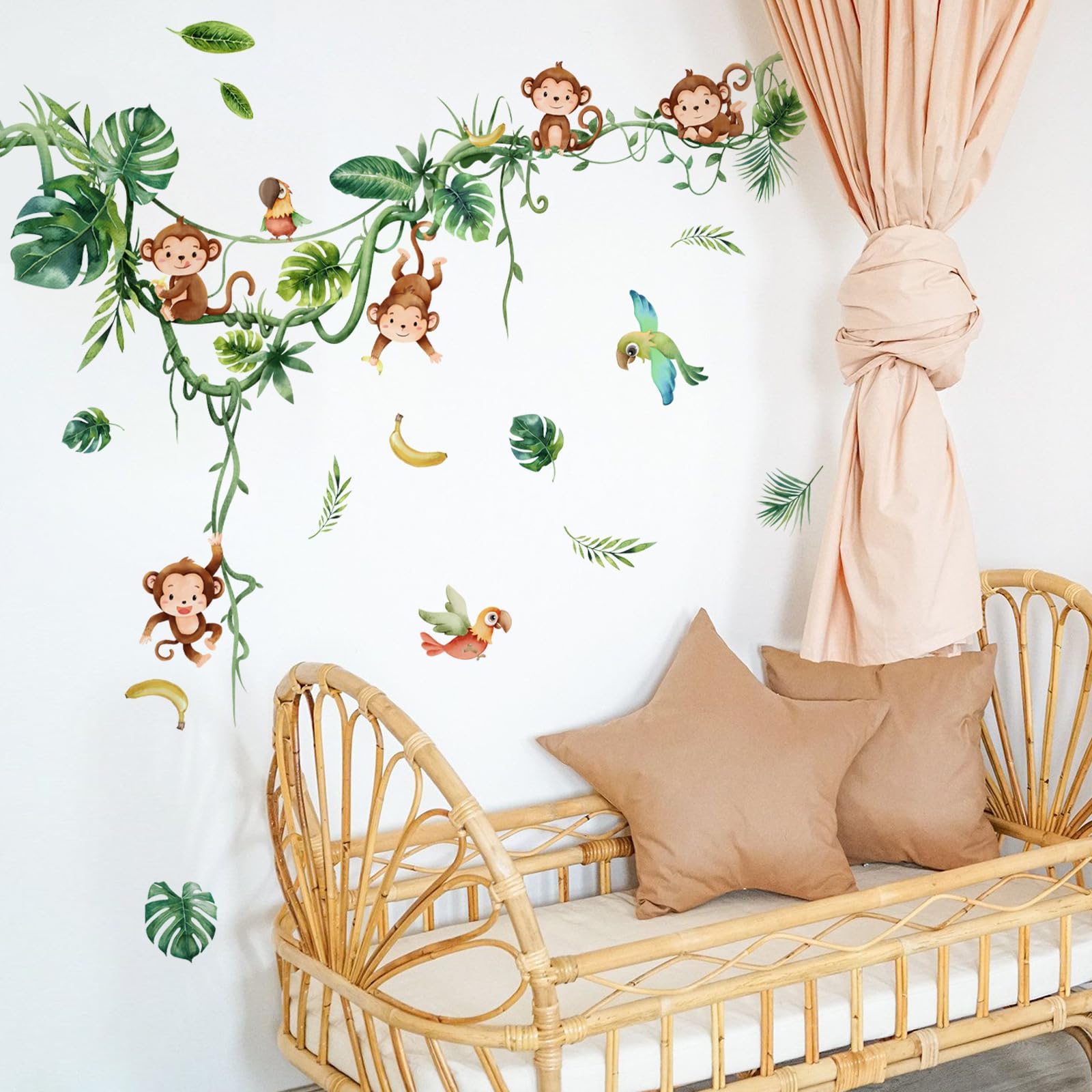 Monkey Climbing Tree Wall Decals – Jungle Safari Animal Wall Stickers with Cartoon Monkeys, Parrot, Birds & Vine Leaves – Peel & Stick Vinyl Murals for Nursery Bedroom Living Room Decor