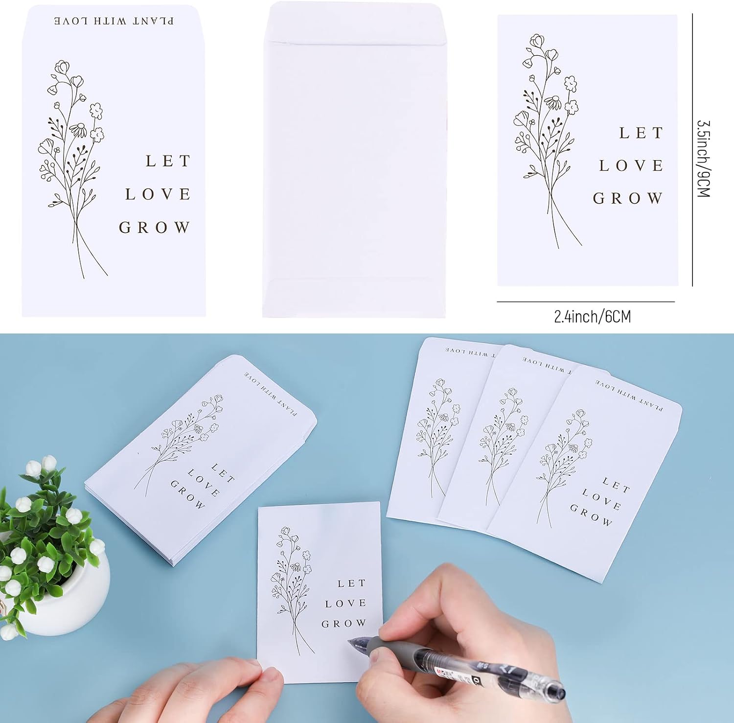 Whaline 200 Pack Wedding Favor Packets Let Love Grow Self-Adhesive White Envelope Minimalist Storage Packets for Wedding Garden Office Gift Party Supplies, 3.5 x 2.4 Inch