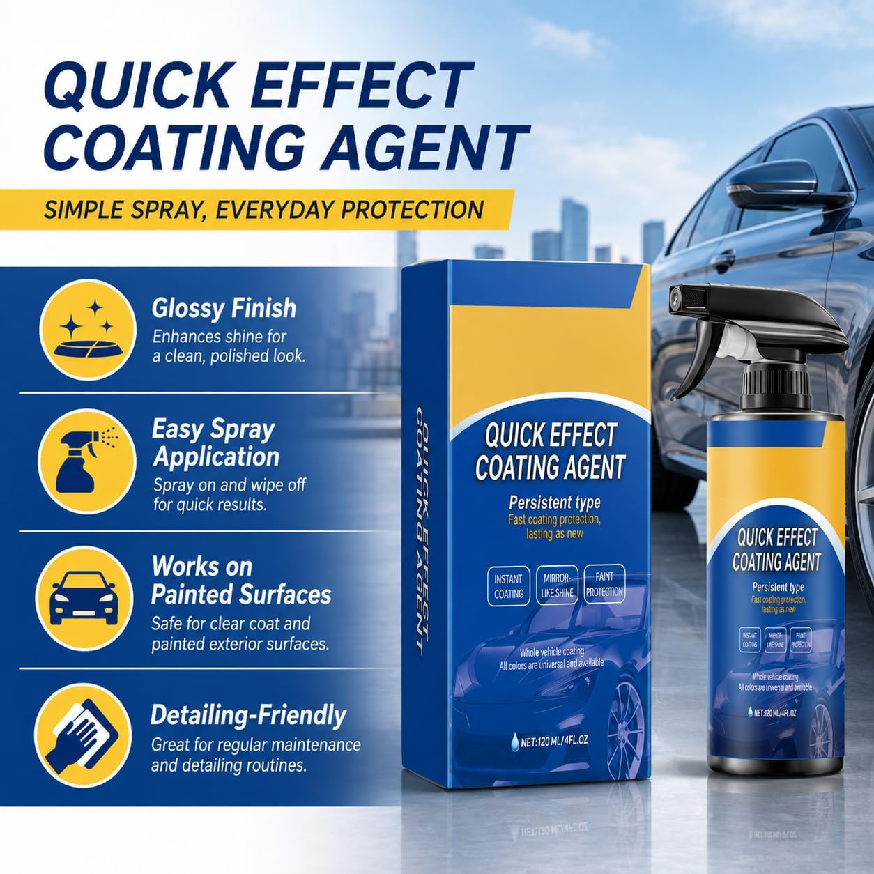Quick Effect Coating Agent for Car, 120 mL Ceramic Coating Spray, Car Wax Spray for Glossy Shine and Water Beading, Wipe Quick Detailer for Painted Exterior Surfaces (120 mL -4PK)