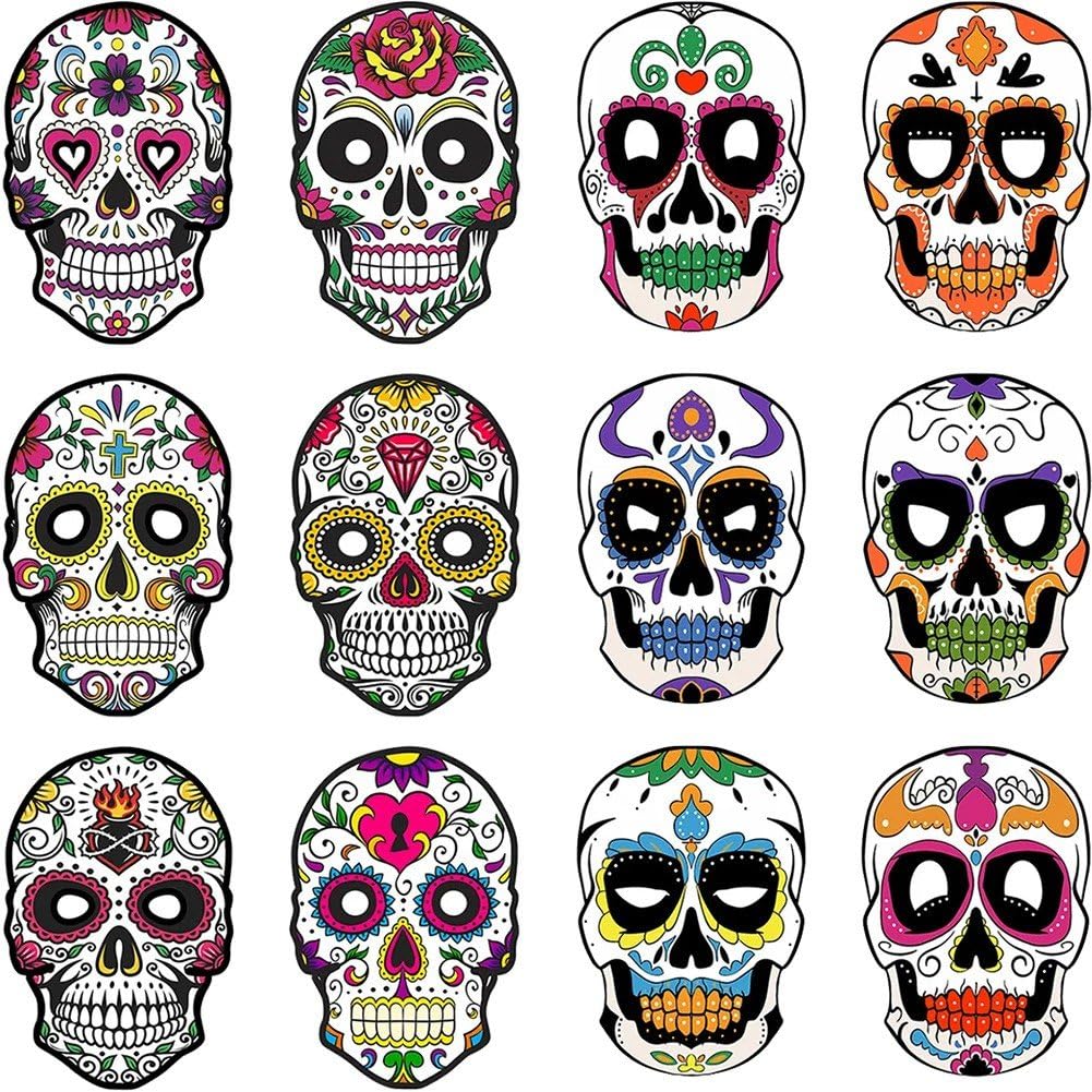 Tsffae Day of the Dead Mask, 12pcs Halloween Sugar Skull Mask, Mexican Masquerade Masks Halloween Cosplay Costume Party Accessories