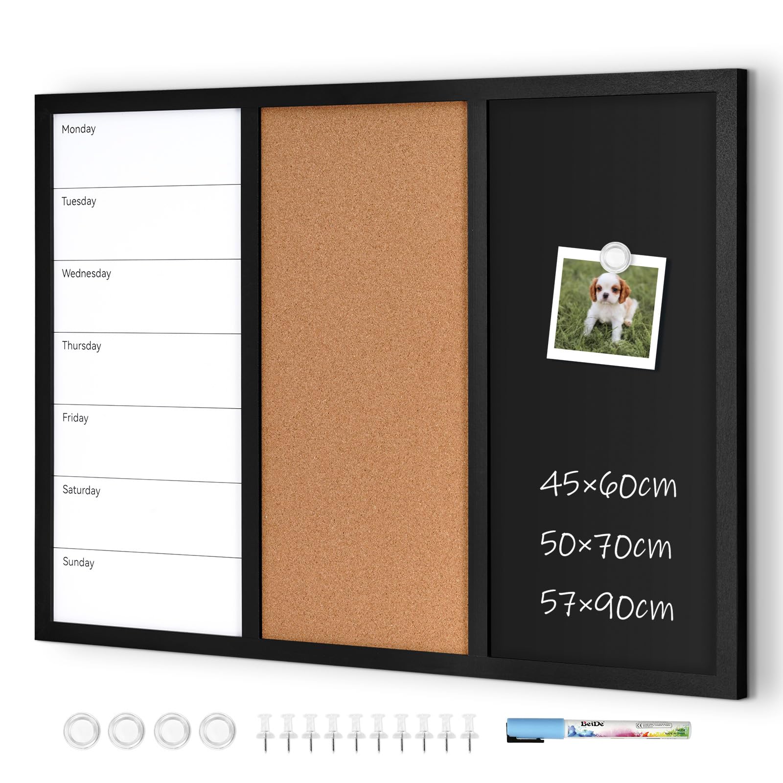 Kombitafel mit Magnetische Kreidetafel Whiteboard Kalender und Pinnwand Kork 50 x 70 cm Pinnwand Küche Magnettafel Memoboard