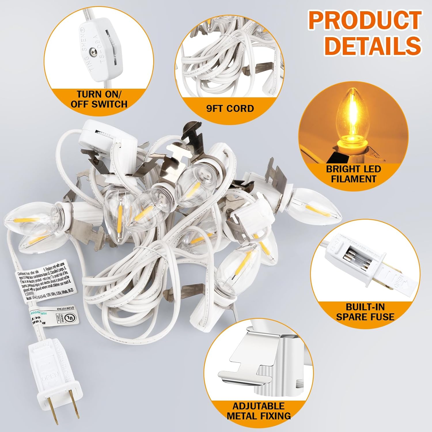 Christmas Village Lights with 10 LED Warm-White Bulb,Decoration for Christmas Village Houses,Halloween Holiday,C7 Light Cord