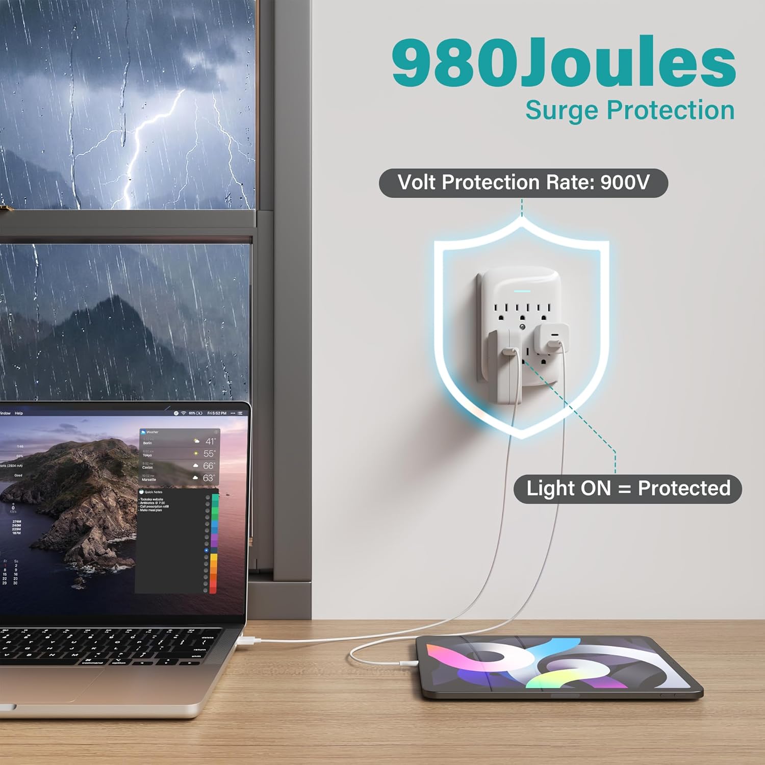 Surge Protector Wall Mount 6-Outlet Extender 4 Pack, 3 Prong Grounded Multi Plugs Power Strip Adapter Tap with Indicator Light, 15A/125V Low-Profile for Home & Office & Travel -ETL-White