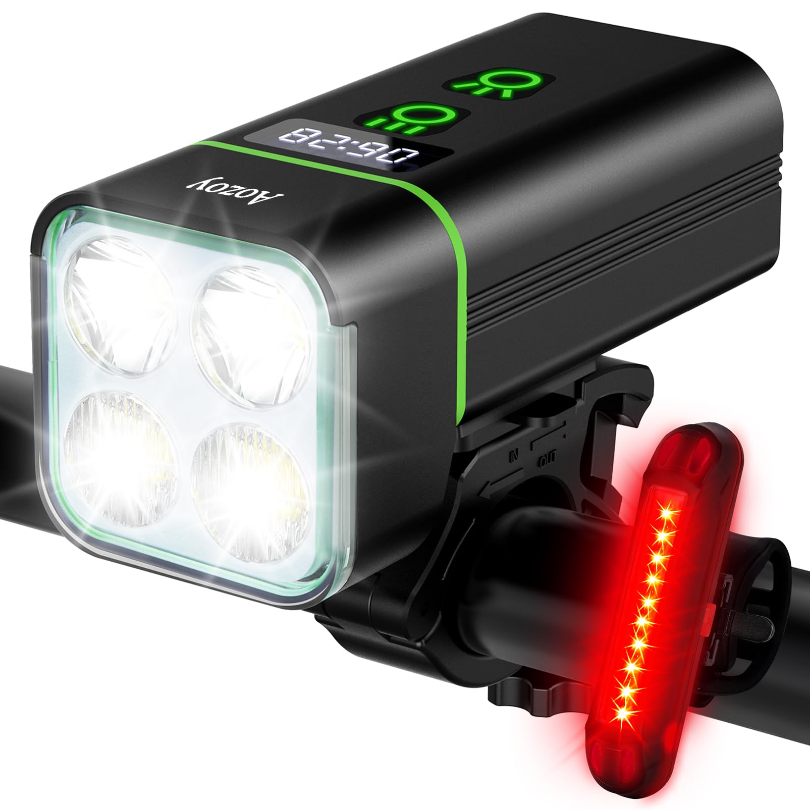 Bike Light Set USB Rechargeable - 5400mAh Bike Headlight & Taillight with Digital Display, 3 LED Super Bright 1600 Lumen 6 Lights Modes for All