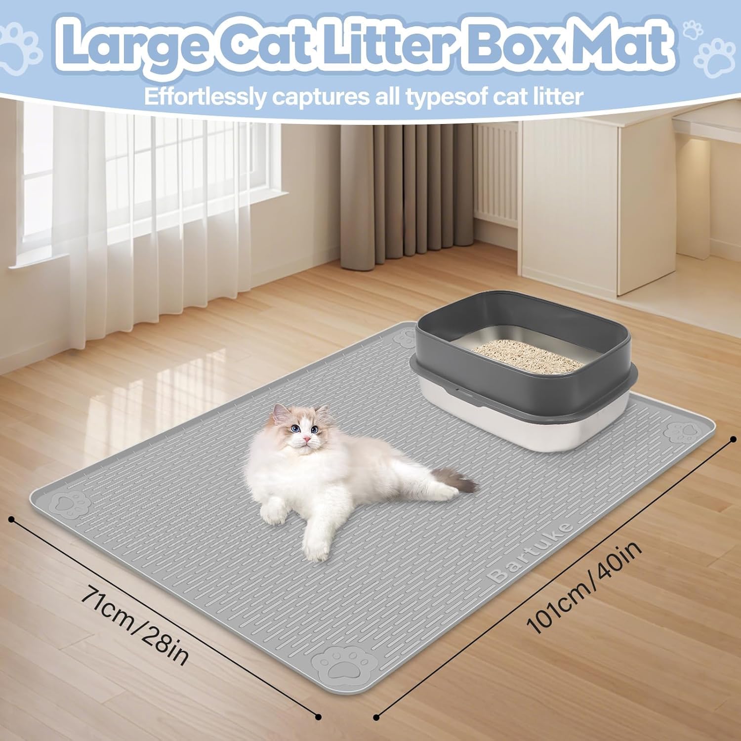Kalolary Tapis de Litière Chat Extra Large - 101 x 71 cm Tapis en Silicone pour Chat Anti-Éparpillement, Doux pour les Pattes, Imperméable et Facile à Nettoye (Gris (101 x 71 cm))