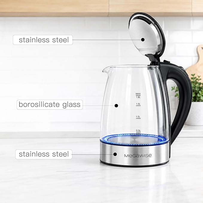 Tetera Eléctrica MEGAWISE de Vidrio 1.8L 1000W Apagado Automático Negro miniatura 6