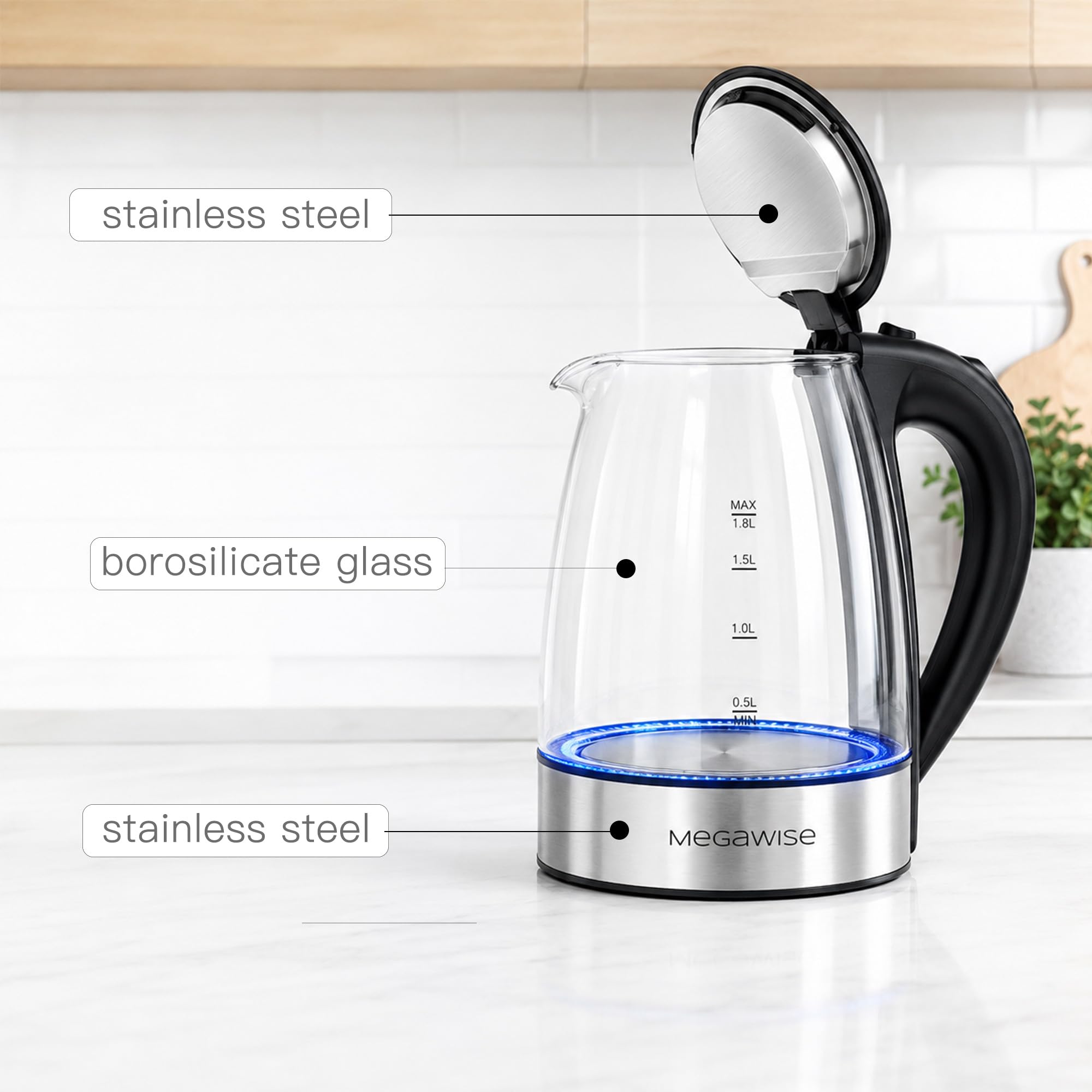 MegaWise Hervidor de agua eléctrico de vidrio borosilicato de 1,8 l con luz LED, apagado automático y protección contra ebullición en seco, hervidor de agua inalámbrico, hervidor de agua de cocción