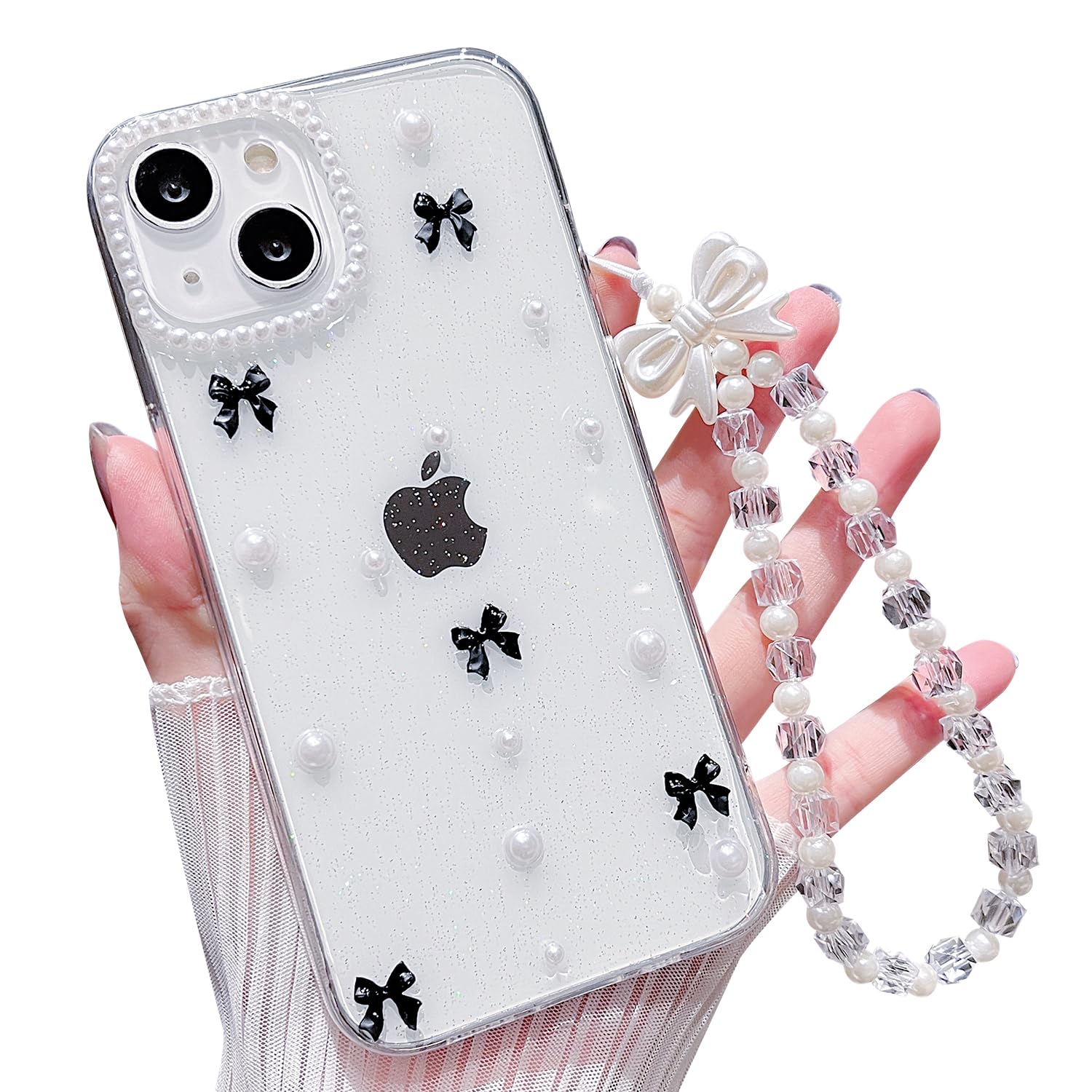 MINSCOSE for iPhone 14 Clear Glitter Case, Cute Bow Pearl Aesthetic Girly Transparent Phone Case with Phone Charms Chain Bracelet,Soft Protective Cover for iPhone 14-Black