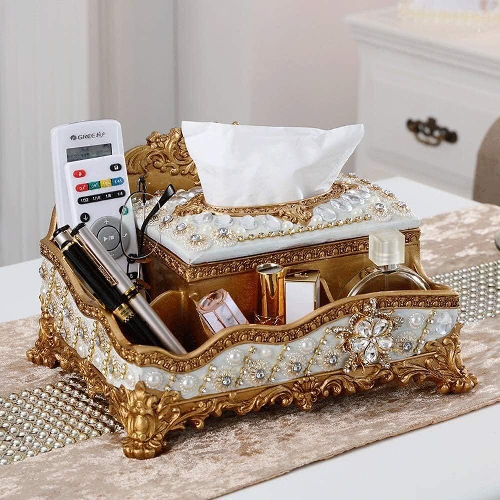 Tissue Box Cover Artificially Beads Tissue Holder with Storage Case Resin Classical Tabletop Facial Tissue Dispenser Novelty Napkin Holder Paper Towel Rack for Home Office (Gold) image 2