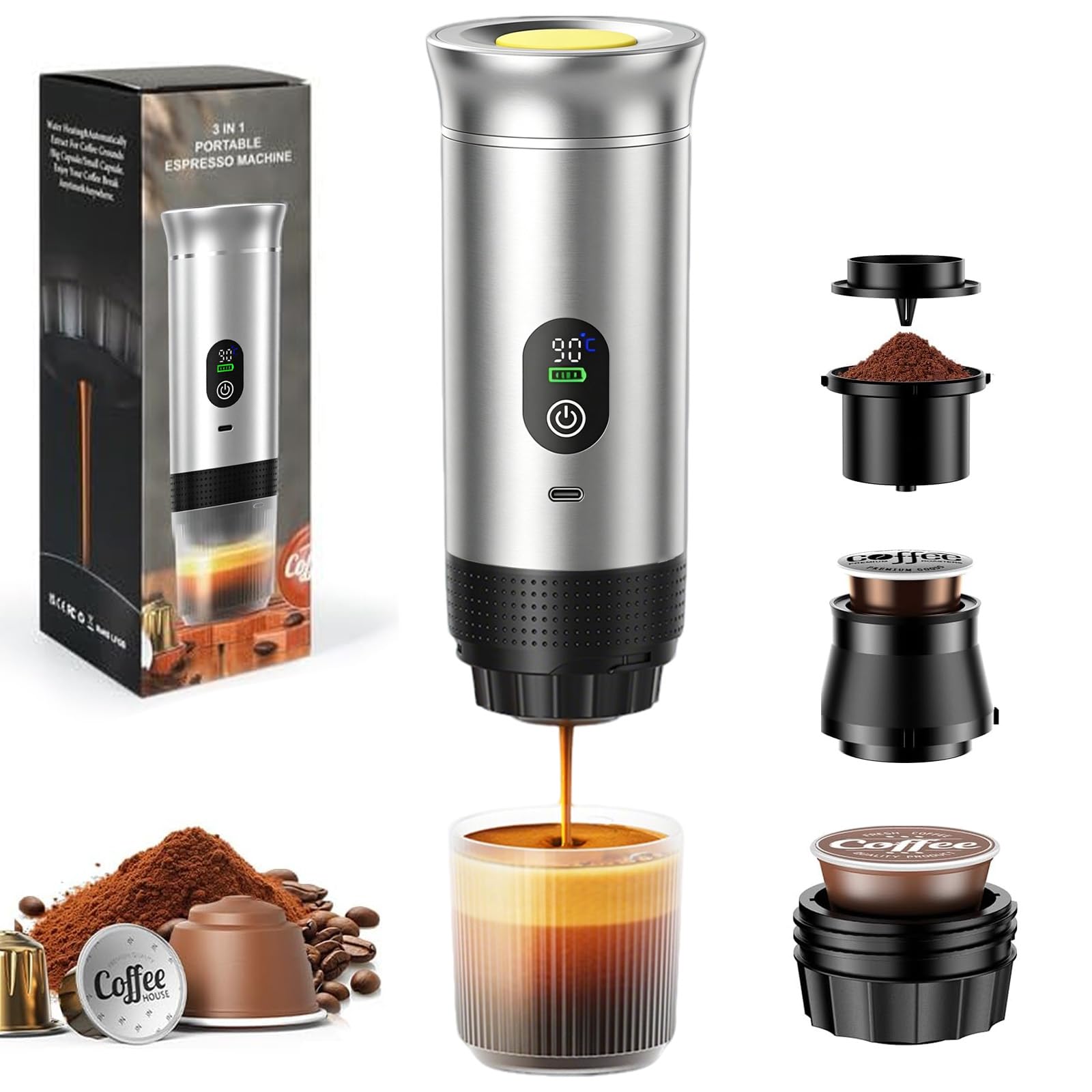 Mini cafetera de viaje 3 en 1 portátil con batería, máquina de café de viaje para coche, máquina de café espresso compatible con cápsulas y café molido para senderismo, oficina, autocaravana