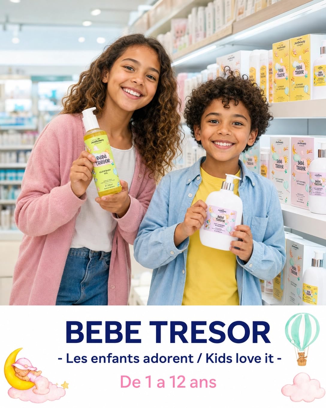 Bébé Trésor - Set per la cura della pelle sensibile del bambino, latte corpo 500 ml, gel doccia 300 ml, olio da massaggio naturale 200 ml