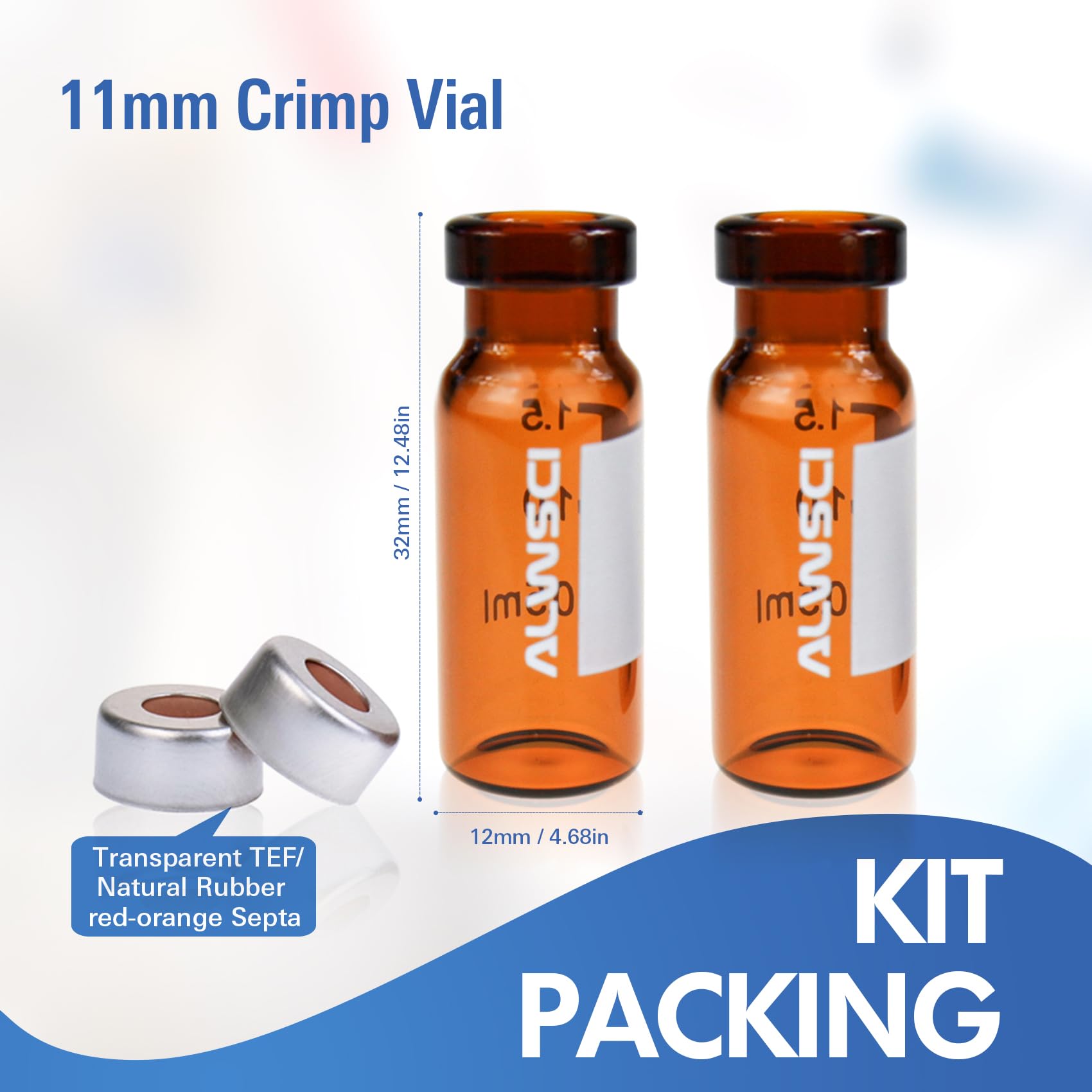 ALWSCI 100 Stücke Glasfläschchen 2mL Braunglasfläschchen Crimp Neck Vials ND11, 11mm Breite Öffnung, Offener Bördelverschluss mit Transparentem PTEF/Naturkautschuk Rot-Orange Septa