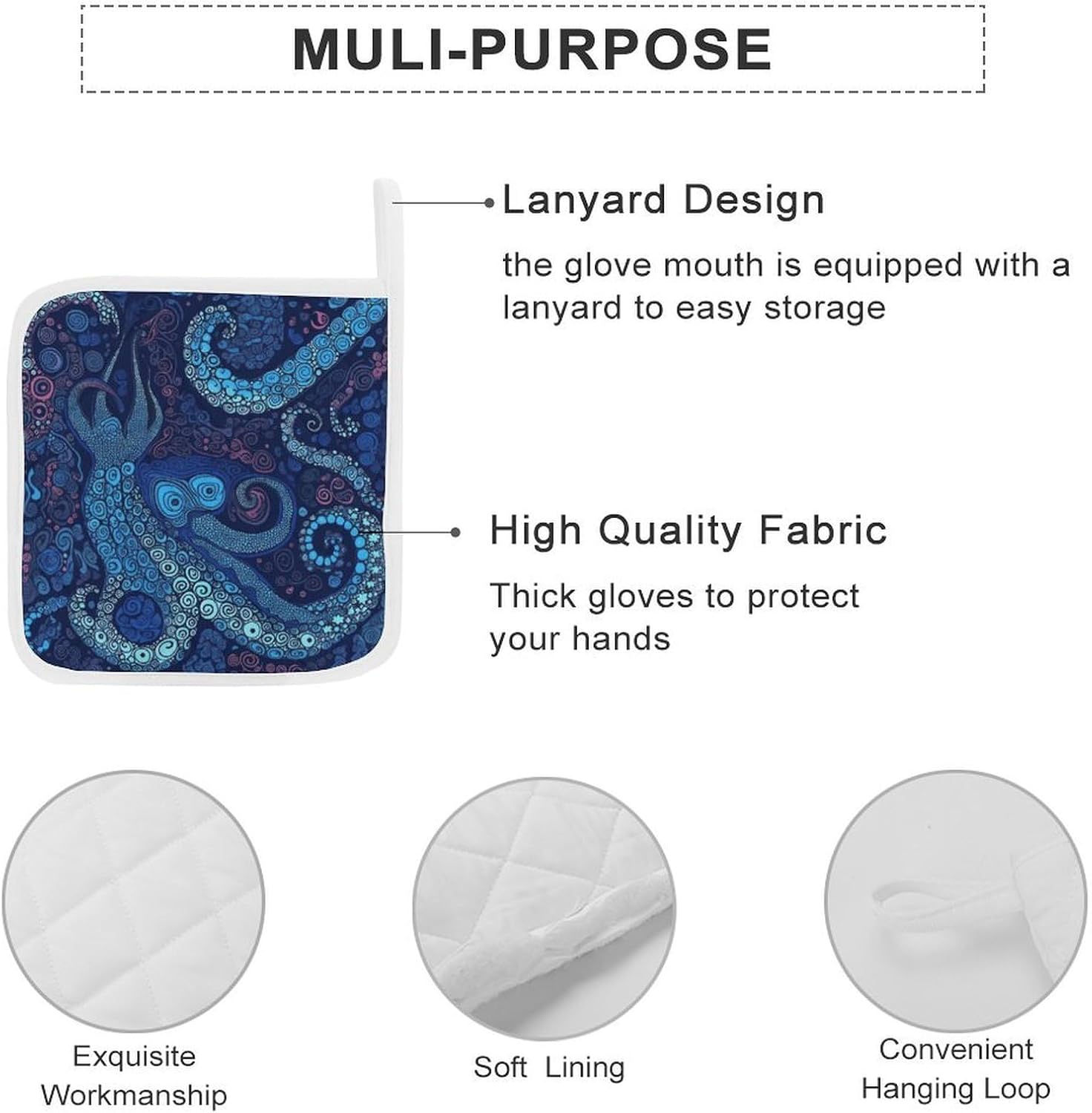 Blue Octopus Polyester Heat Resistant Pot Pad Non Slip Anti Scald Hot Dish Mat Reusable Table Protector for Kitchen Hot Pot Mat Wear Resistant Heat Proof Table Pad for Countertop Dining Room