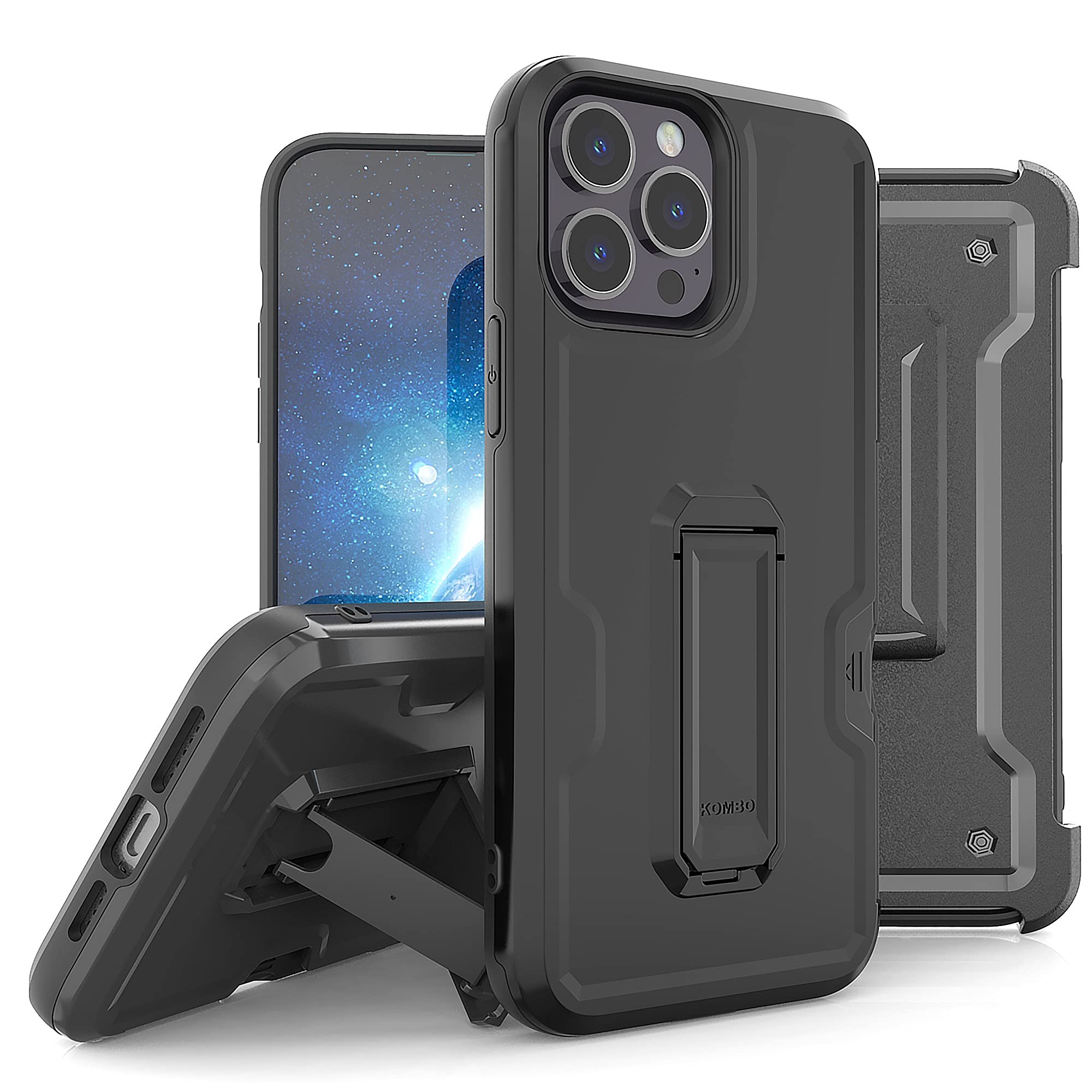BEYOND CELL Compatible with Apple iPhone 13 Pro Max Armor Kombo Kickstand Case with Belt Clip Holster, Hybrid Rugged Heavy Duty Shockproof Drop Protection Black