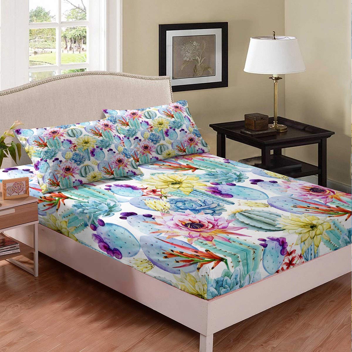 Loussiesd Cactus Printed Bed Sheet Cover Succulent Floral Bedding Set Botanical Flowers Pattern Fitted Sheet for Children Kids Girls Adults Exotic Plants Bed Cover Room DecorDouble Size