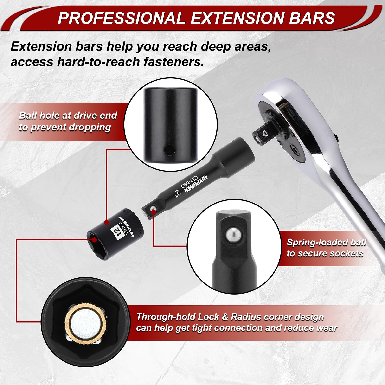 MIXPOWER Set di 30 bussole magnetiche poco profonde da 1/4", metriche/SAE, a 6 punti, CR-MO, con adattatore per bussola, giunto universale, prolunga e adattatore per punte da trapano