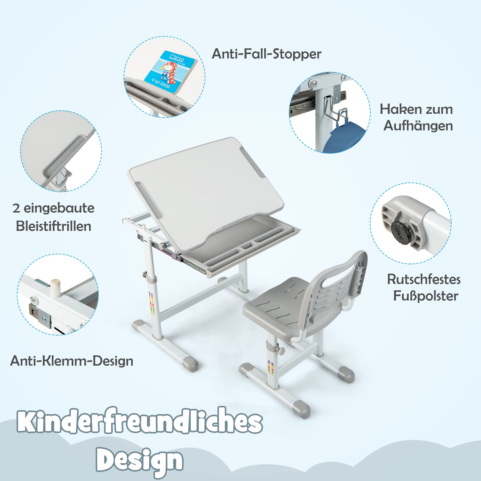 DREAMADE Kinderschreibtisch höhenverstellbar, Schülerschreibtisch Jugendschreibtisch neigungsverstellbar, Schreibtisch Set für Kinder mit Stuhl und Schublade, für Jungs & Mädchen (Grau)