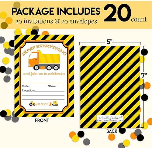 Miniatura 4 de AmandaCreation - Invitaciones para fiestas de cumpleaños de construcción de camiones volquete de Dump Everything, 20 tarjetas de relleno de 5 x 7