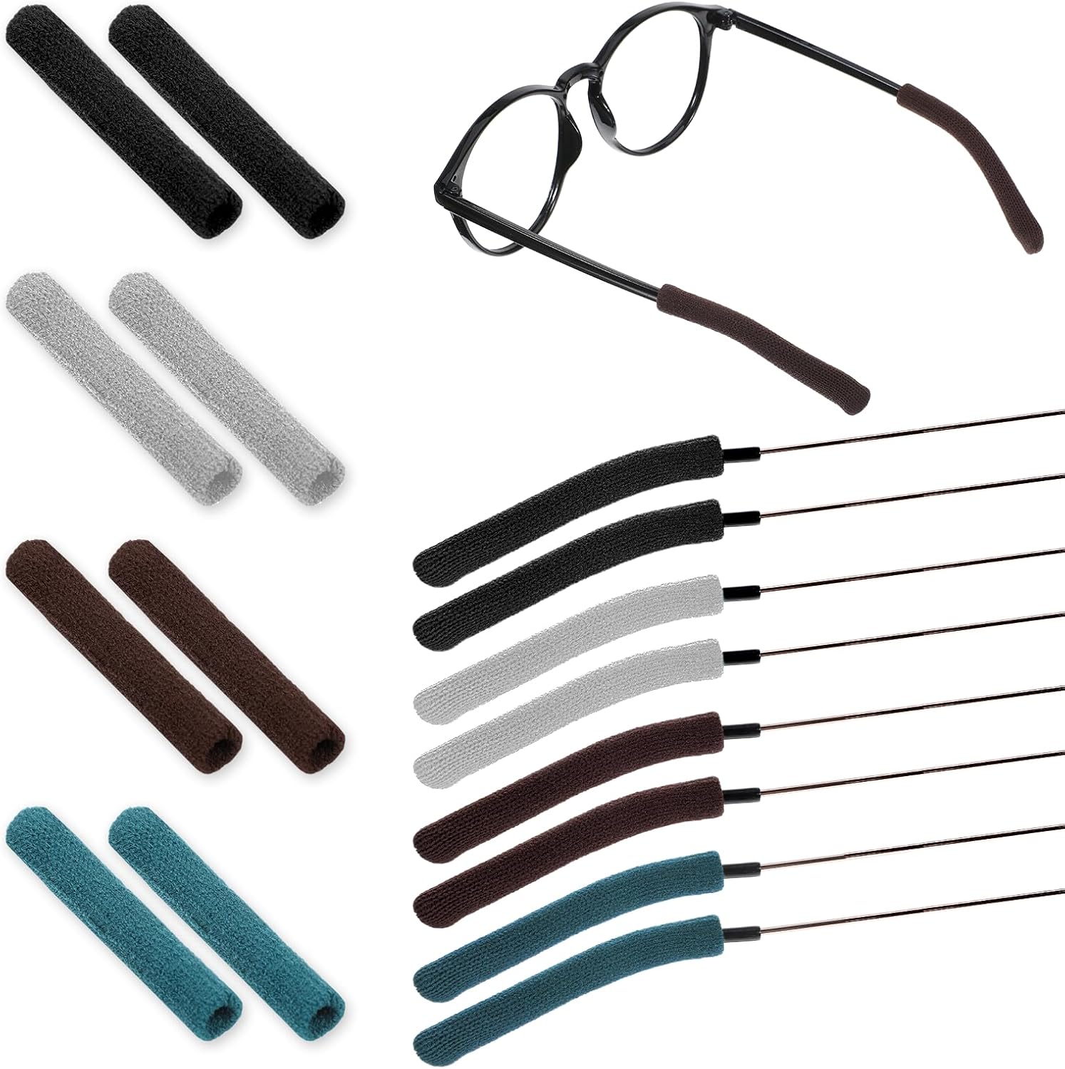 Glasses Ear Cushion Anti-Slip Elastic Comfort Eyeglasses Temple Tips Sleeve Retainer Nylon Knitting Ear Grippers Sunglasses Glasses Grip (Black Green Brown Gray 4 Pairs)
