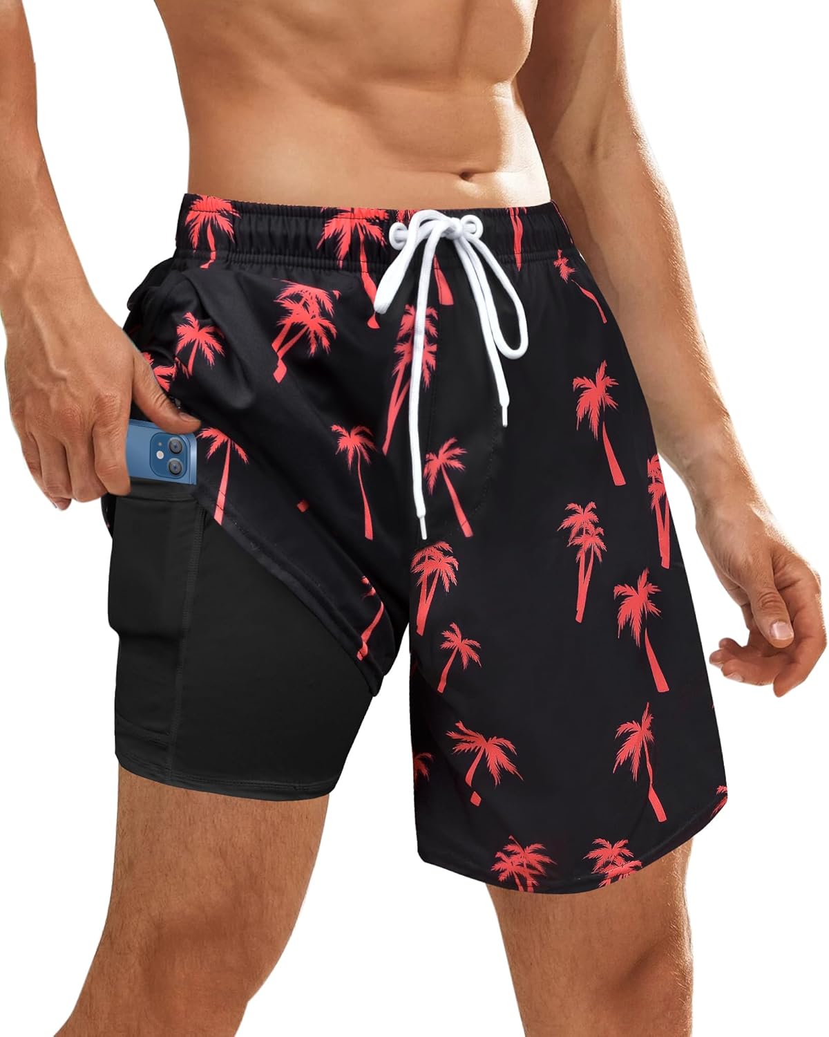 OlyPegic Mens Swim Trunks Bathing Suit Mens Swimwear Shorts Quick Dry with Compression Liner Beach Board with Zipper Pock