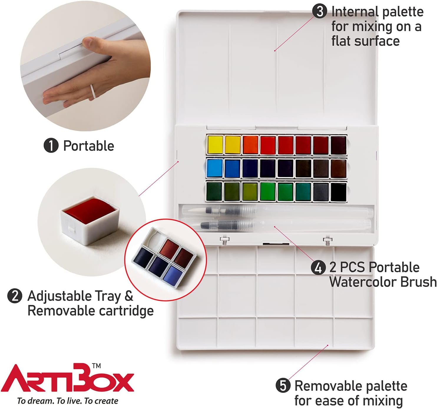 36 Watercolor Paint Set by Artibox - 2 Water Squeeze Brushes - 12 Watercolor Paper Sheet - Half Pans Colors - Art Supplies