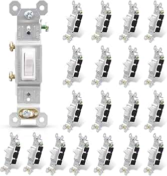 ELEGRP Single Pole Toggle Light Switch, 15 Amp, 120 Volt, Toggle Framed AC Quiet Switch, In Wall On/Off Switch Replacement, Self-Grounding, Residential and Commercial Grade, UL (20 Pack, Glossy White)